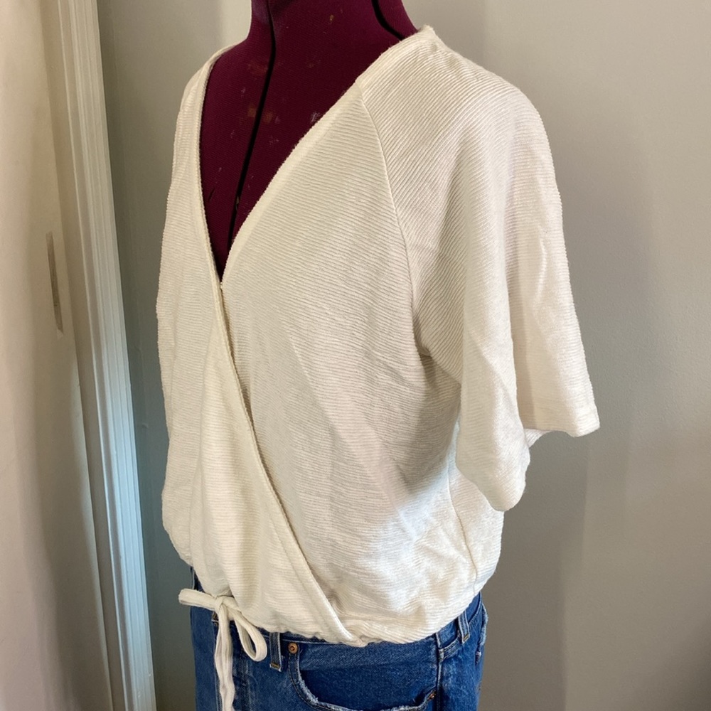 Cream Surplice Drawstring Women's Top - Picture 2 of 8
